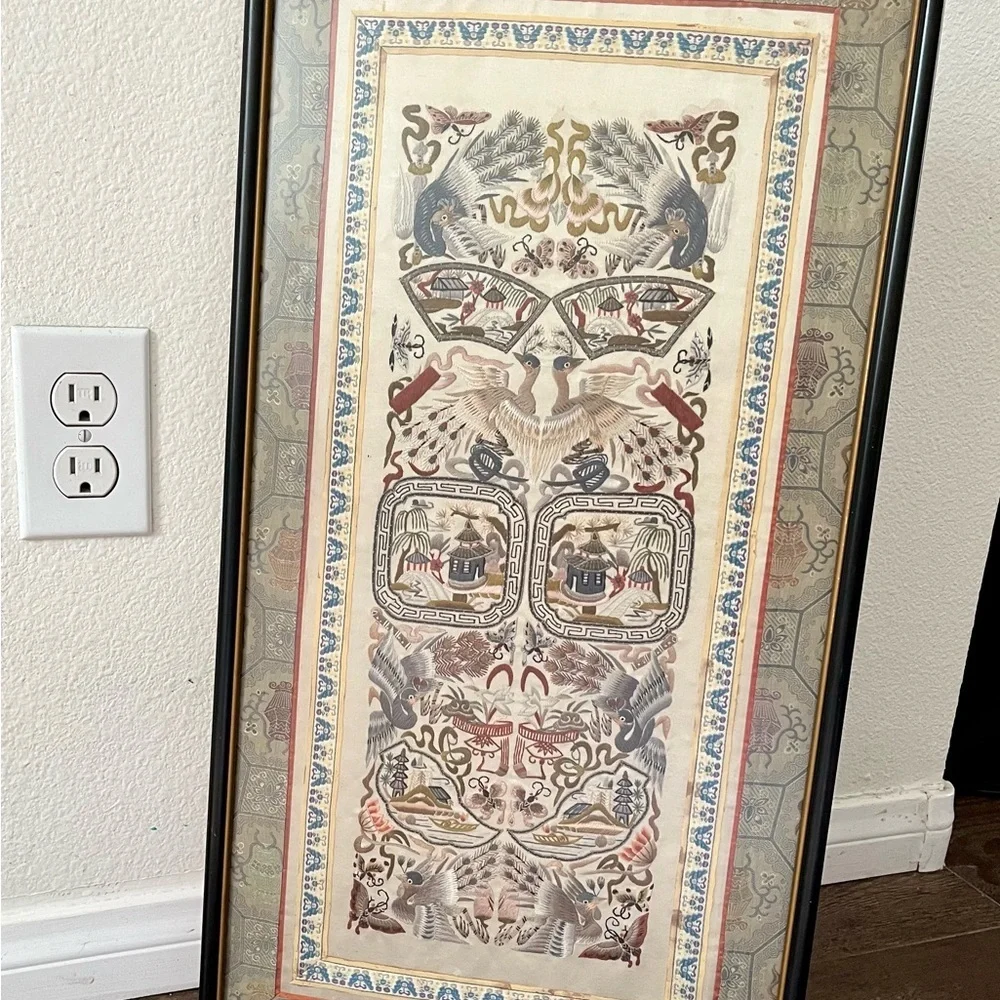 Vintage Chinese Silk Embroidery Panel 26x13